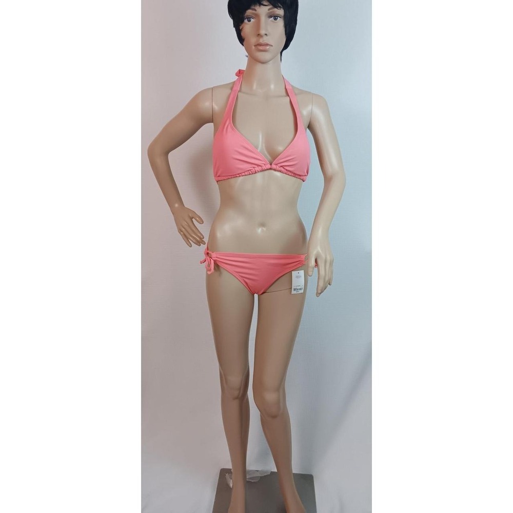 City Streets Womens 2 Piece Bikini Set Coral Pink Halter Top Side Tie Bottoms S